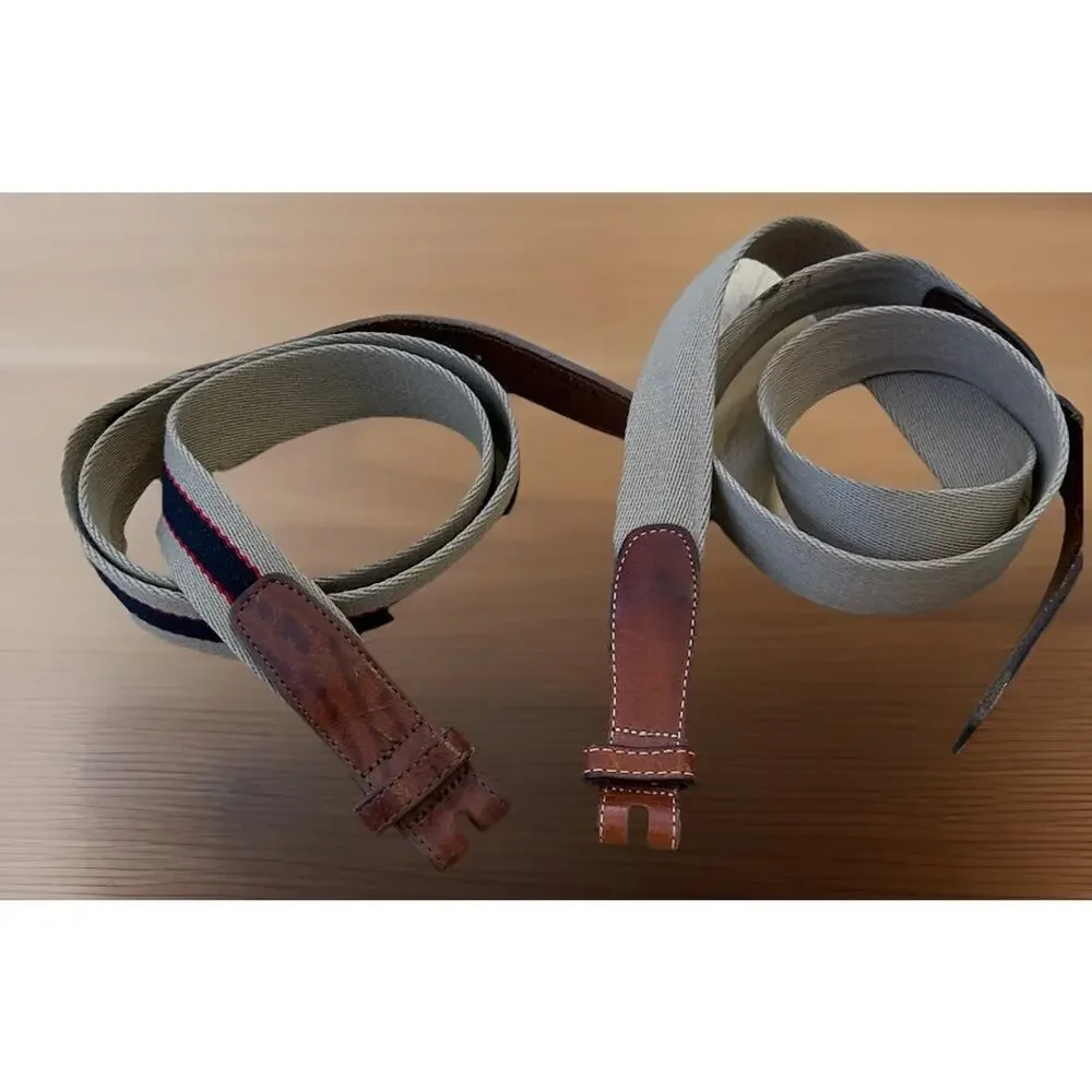 VTG Lands End Belt 42 Preppy Canvas Stripe Blue Leather Tan Y2K USA 506 Lot 2